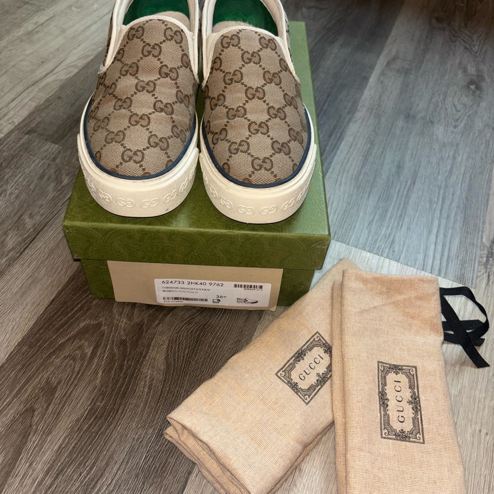 Gucci Beige Monogram Slip-On Shoes